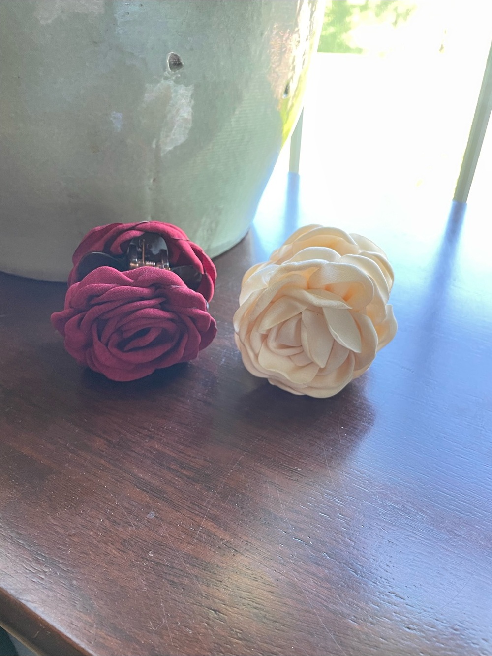 FreePeople Belle Rosette Fabric Hair Clips in Wine Red and Cream - Picture 3 of 5